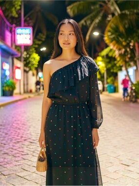 FARM Rio Black Polka Dot Asymmetrical One-Shoulder Dress